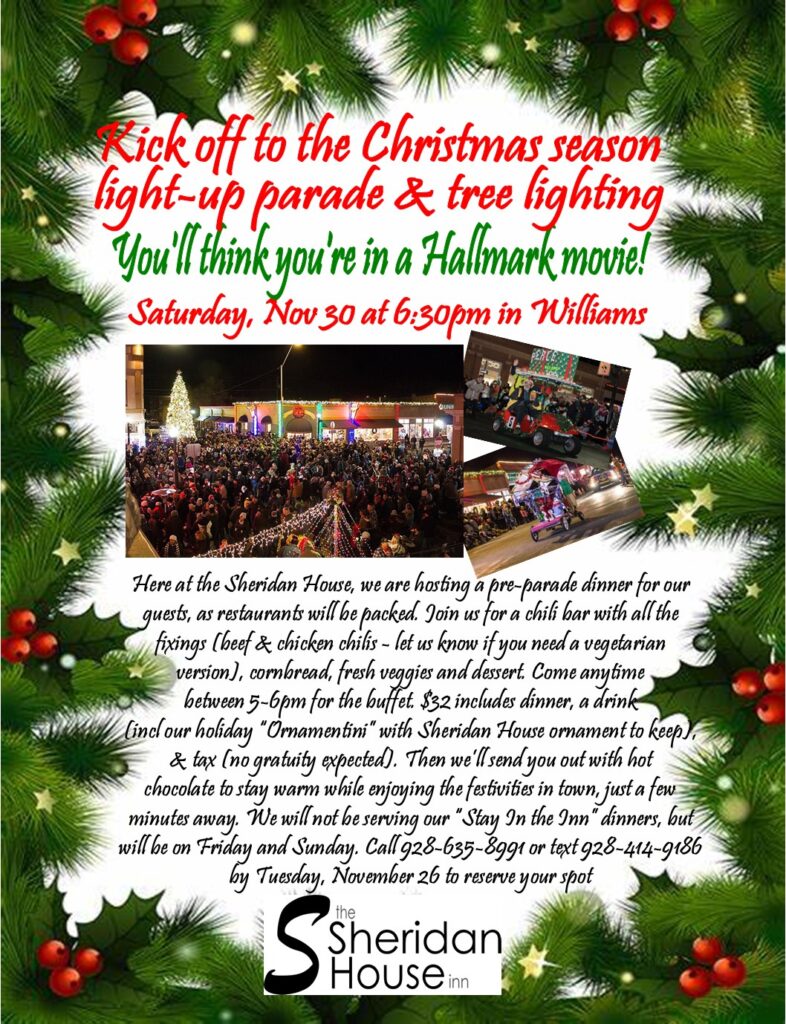 flyer with pictures of a lighted Christmas parade and a note about a chili-bar dinner prior to the parade here at the Sheridan House on Saturday Nov 30