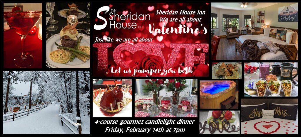 collage of photos of valentine's day food, drink, B&B rooms